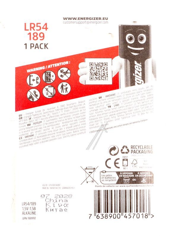 LR54 E304436500 ENERGIZER SPEZIALBATTERIE /  ALKALI-MANGAN LR54/ 189 BP 1 STÜCK
