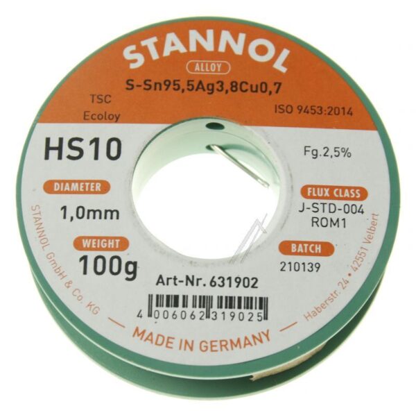 631902 LÖTDRAHT STANNOL HS10 2510 TSC SN95 AG4 CU1 BLEIFREI 1.00MM Ø 100G