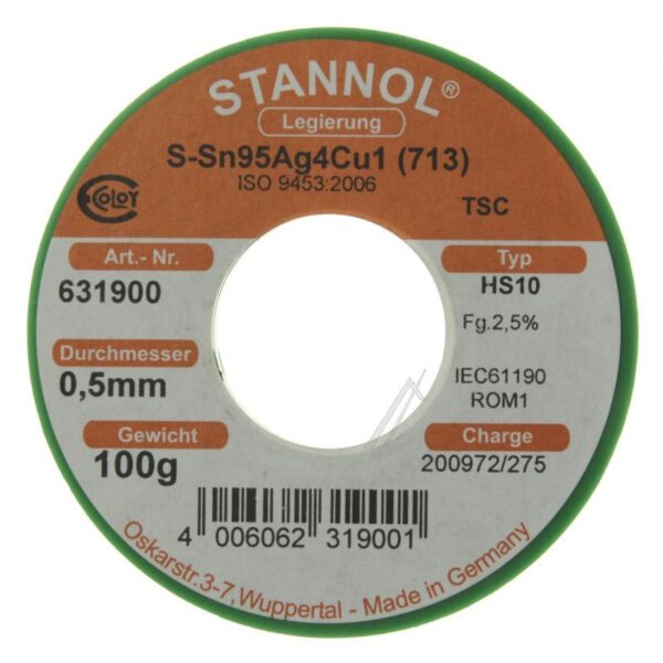 631900 TINOL ŽICA HS10 2510 TSC SN95 AG4 CU1 BEZ OLOVA 0.50 MM Ø 100 G