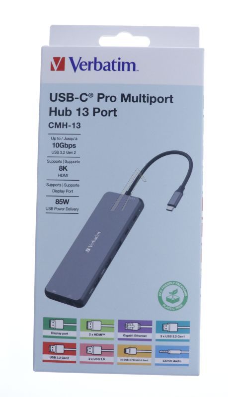 32153 USB-C-HUB 13-IN-1: 2×A2.0, 3×A3.2 G1, 1×A3.2 G2, 2×C,  2×HDMI,  DP,  AUX,  LAN (RJ45)