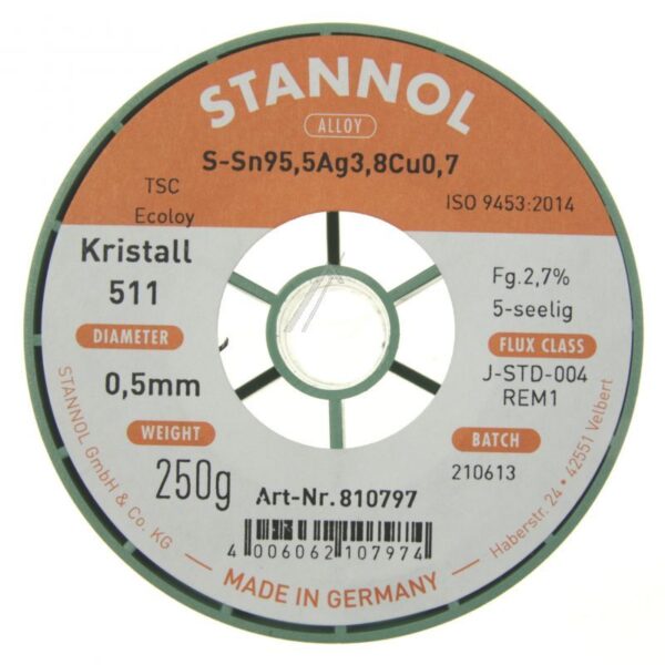 810797 LÖTDRAHT KRISTALL 511 TSC SN95 AG4 CU1 BLEIFREI 0.50MM Ø 250G