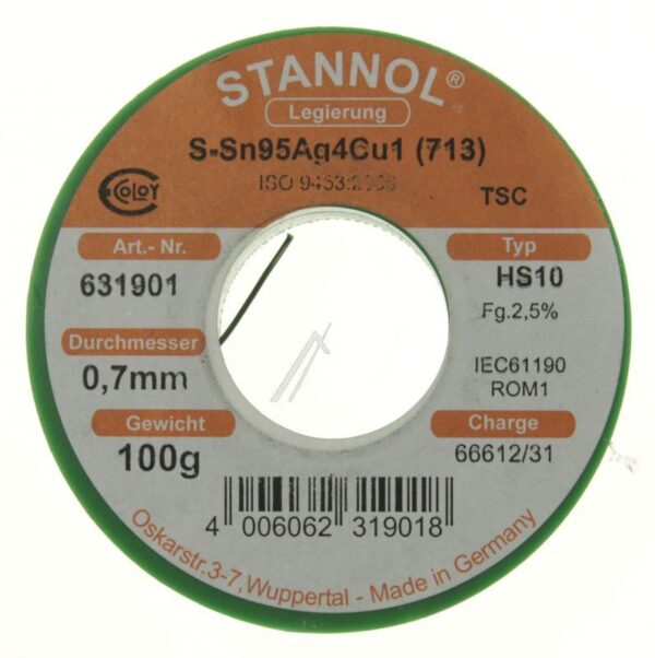 631901 LÖTDRAHT STANNOL HS10 2510 TSC SN95 AG4 CU1 BLEIFREI 0.70MM Ø 100G