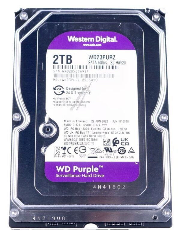 WD PURPLE™ WD23PURZ WD PURPLE 2TB SATA 6GB/ S CE HDD 8,9CM 3,5ZOLL INTERN 256MB CACHE 24X7 BULK