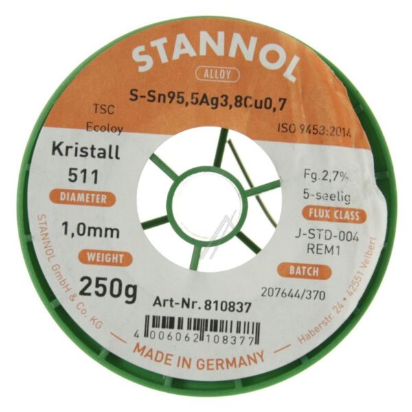 810837 LÖTDRAHT KRISTALL 511 TSC SN95 AG4 CU1 BLEIFREI 1.00MM Ø 250G