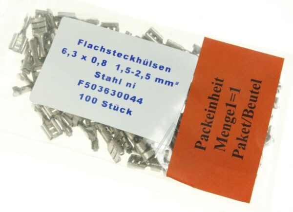 F503630044 RAVNA ŽENSKA PAPUČICA / KLEMA/  6,3 MM × 0,8 MM – 100 KOMADA ZA PROVODNIKE 1,5–2,5 MM²,  ČELIK,  NIKLOVANA