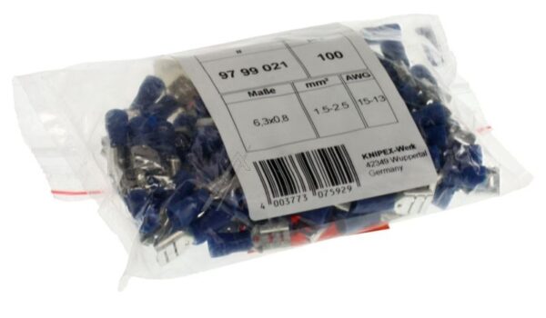 97 99 021 FLACHSTECKHÜLSEN BLAU ISOLIERT 6,3MM STECKERBREITE FÜR 1,5-2,5MM² 100 STÜCK