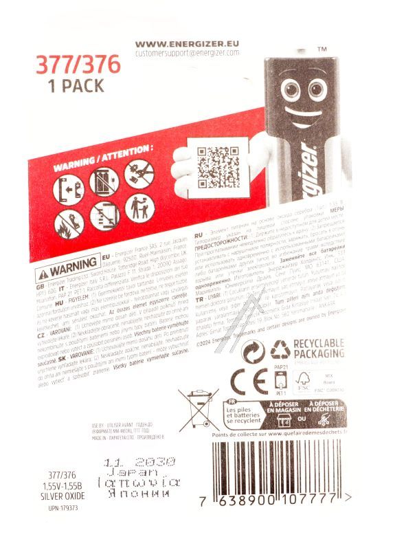 SR66 E300783106 ENERGIZER SPEZIALBATTERIE /  UHRENBATTERIE - GROSSE KARTE 377 FSB 1 STÜCK