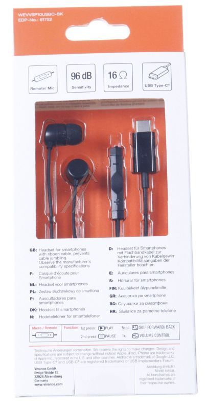 WEVVSP10USBC-BK 61752 IN-EAR-KOPFHÖRER MIT USB-C STECKER
