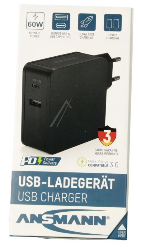 1001-0096 GAN LADEGERÄT 65W 1X USB-C,  1X USB-A,  PD,  QC