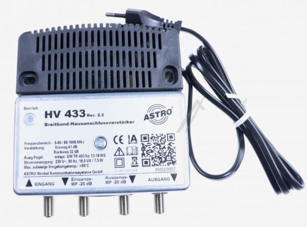 HV 433 00217423 BREITBANDVERSTÄRKER MIT 65MHZ RÜCKWEG,  VORWEG BIS 1006MHZ,  VERSTÄRKUNG VORWEG 41DB,  AUSGANGSPEGEL VORWEG 108DBV